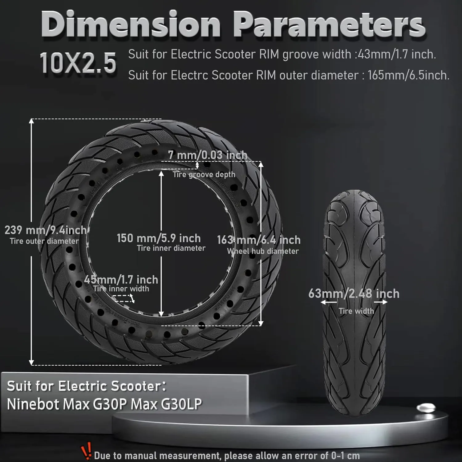 10 inch Solid Rubber Tire, 10X2.5, 60/70-6.5 Tubeless Tyre for Ninebot Max G30 G30P G30LP Electric Scooter Front/Rear Tire, Puncture-Proof Design Explosion-Proof Wheel Replacement Black 1pc