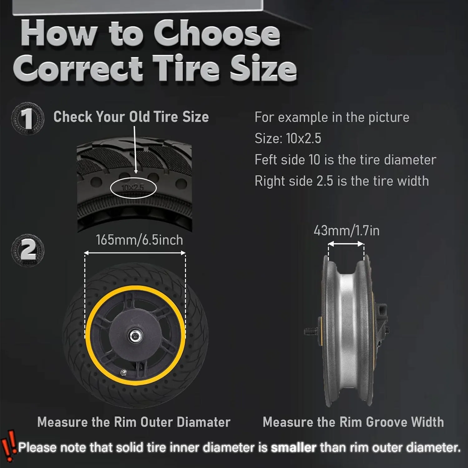 10 inch Solid Rubber Tire, 10X2.5, 60/70-6.5 Tubeless Tyre for Ninebot Max G30 G30P G30LP Electric Scooter Front/Rear Tire, Puncture-Proof Design Explosion-Proof Wheel Replacement Black 1pc