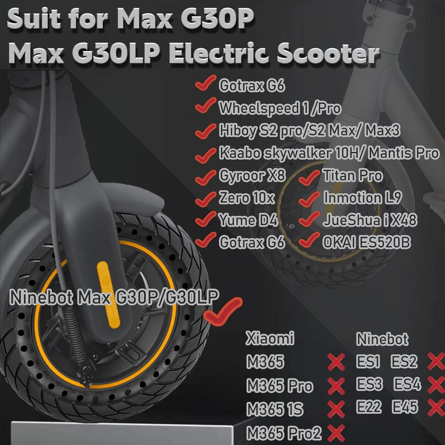 10 inch Solid Rubber Tire, 10X2.5, 60/70-6.5 Tubeless Tyre for Ninebot Max G30 G30P G30LP Electric Scooter Front/Rear Tire, Puncture-Proof Design Explosion-Proof Wheel Replacement Black 1pc