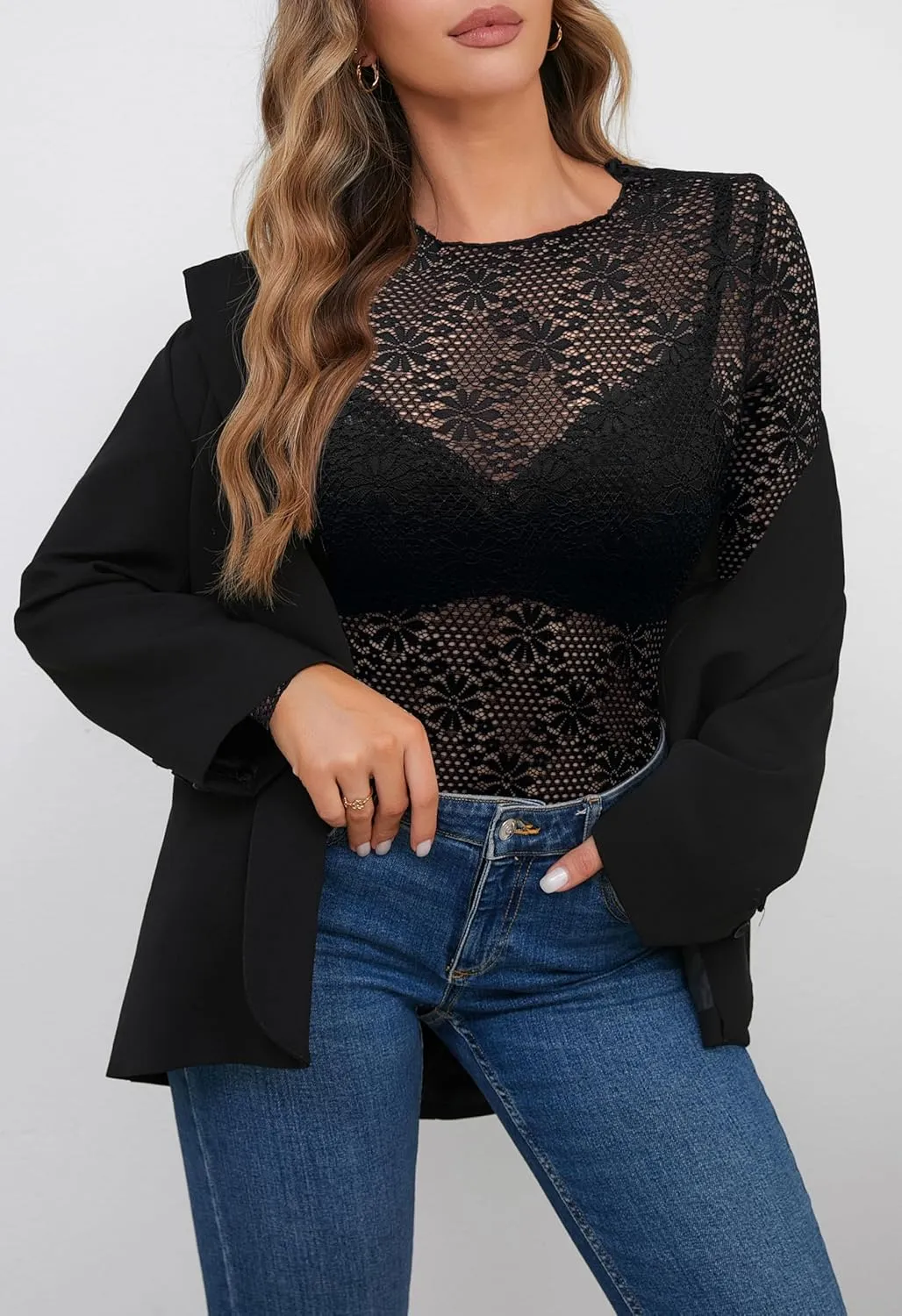 AISEW Womens Lace Floral Long Sleeve Mesh Tops Round Neck Sheer Blouse Sexy See Through Layering Top Shirts