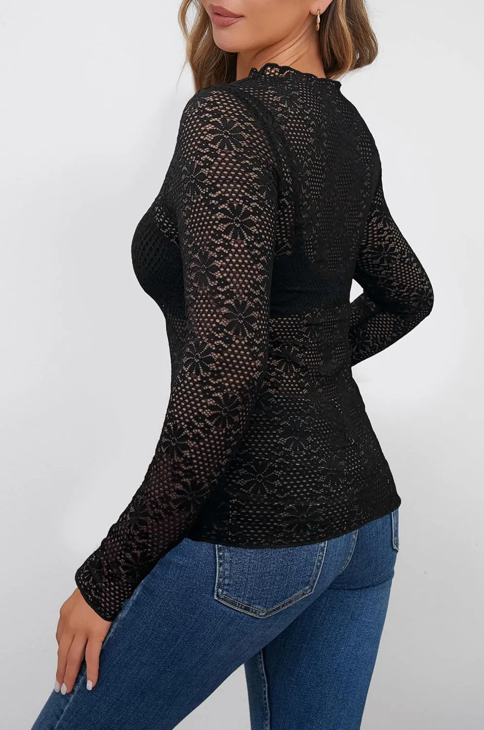 AISEW Womens Lace Floral Long Sleeve Mesh Tops Round Neck Sheer Blouse Sexy See Through Layering Top Shirts