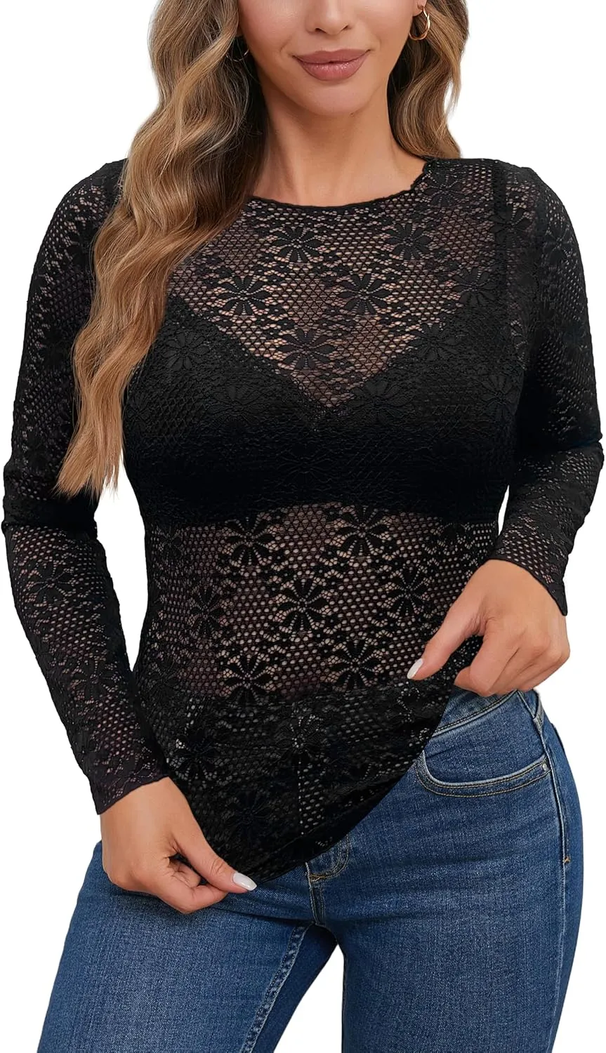 AISEW Womens Lace Floral Long Sleeve Mesh Tops Round Neck Sheer Blouse Sexy See Through Layering Top Shirts