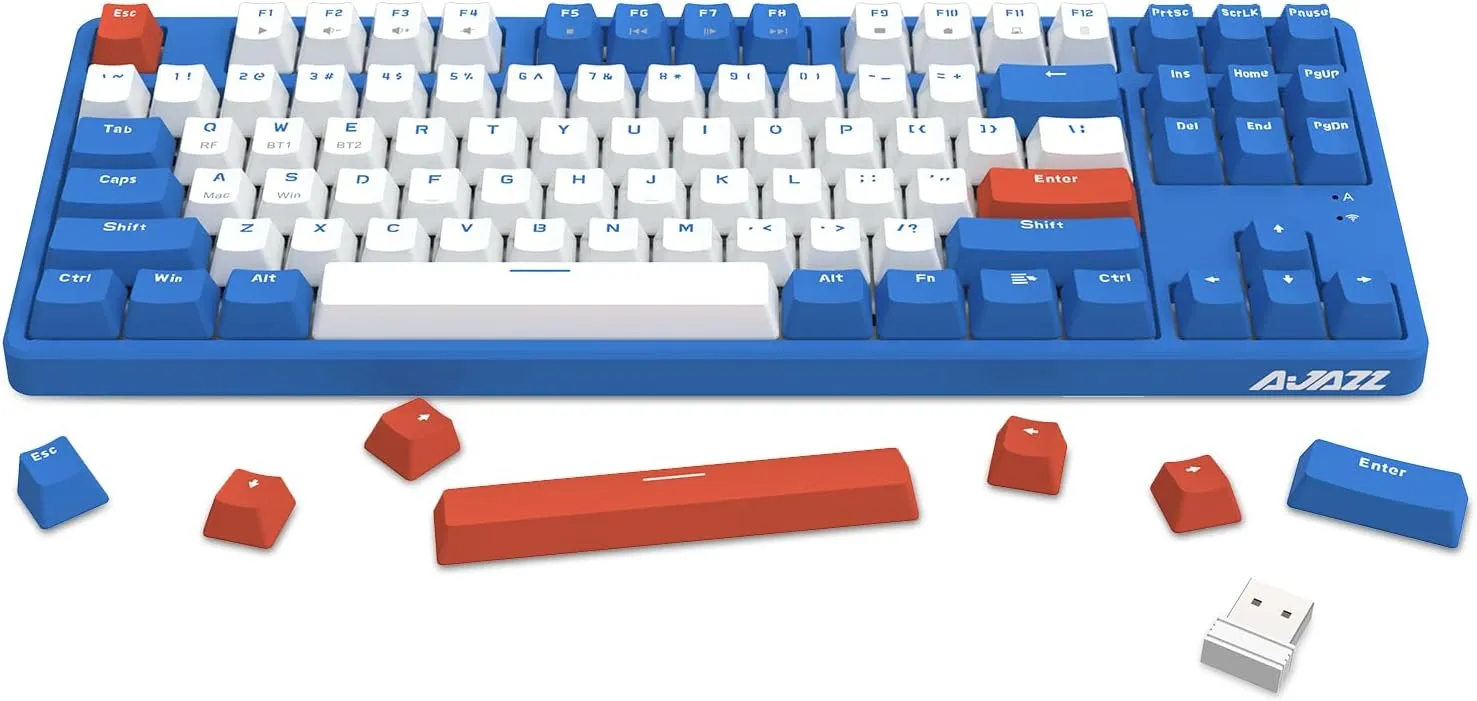 A.JAZZ Wireless Mechanical Keyboard, 87 Keys TKL Hot Swappable Bluetooth Gaming Keyboard, Dual Mode BT5.0/2.4G with Detachable Frame, USB Hub OEM Keycaps Custom Keyboard for Windows Mac (Blue Switch)