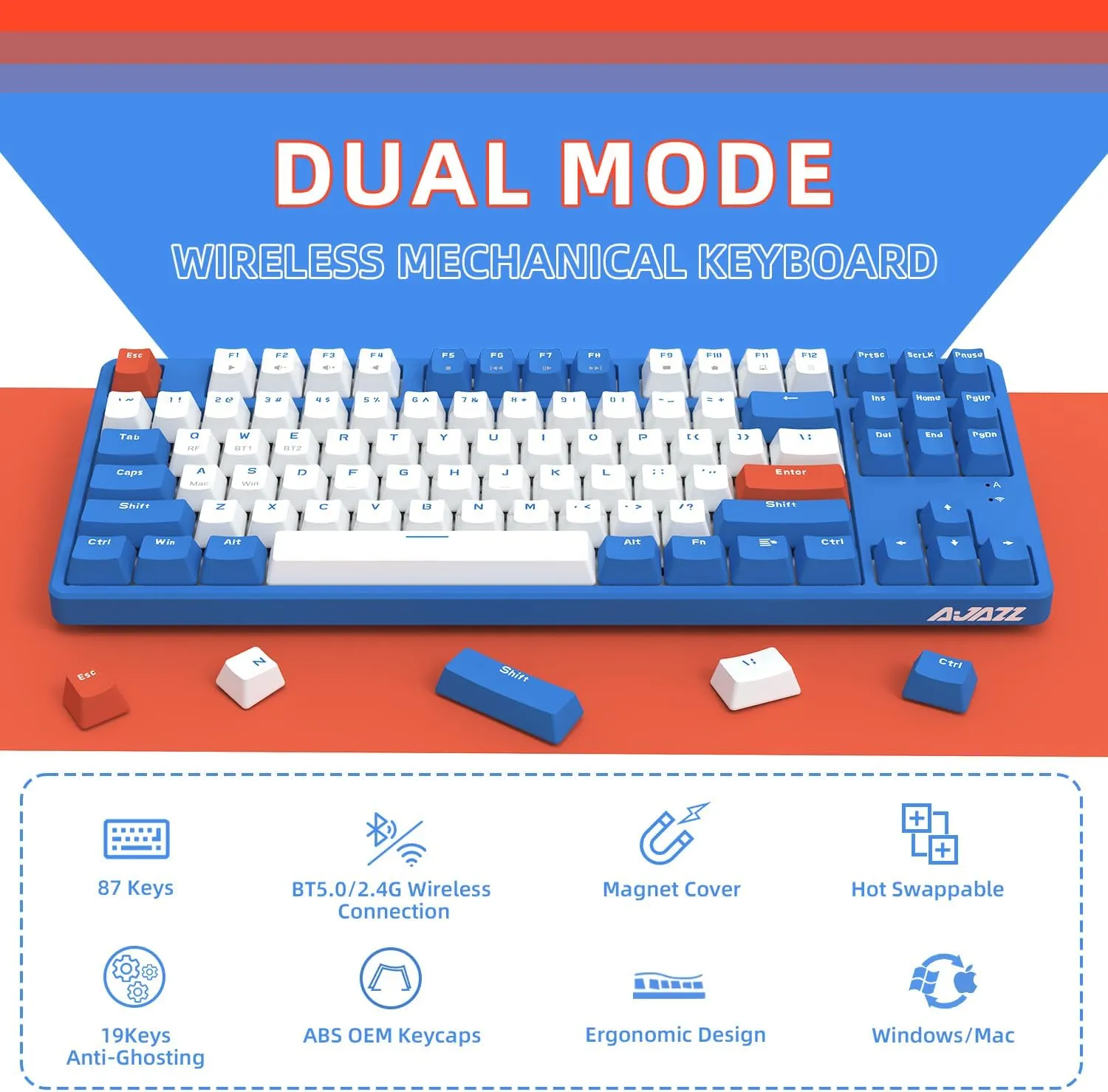 A.JAZZ Wireless Mechanical Keyboard, 87 Keys TKL Hot Swappable Bluetooth Gaming Keyboard, Dual Mode BT5.0/2.4G with Detachable Frame, USB Hub OEM Keycaps Custom Keyboard for Windows Mac (Blue Switch)