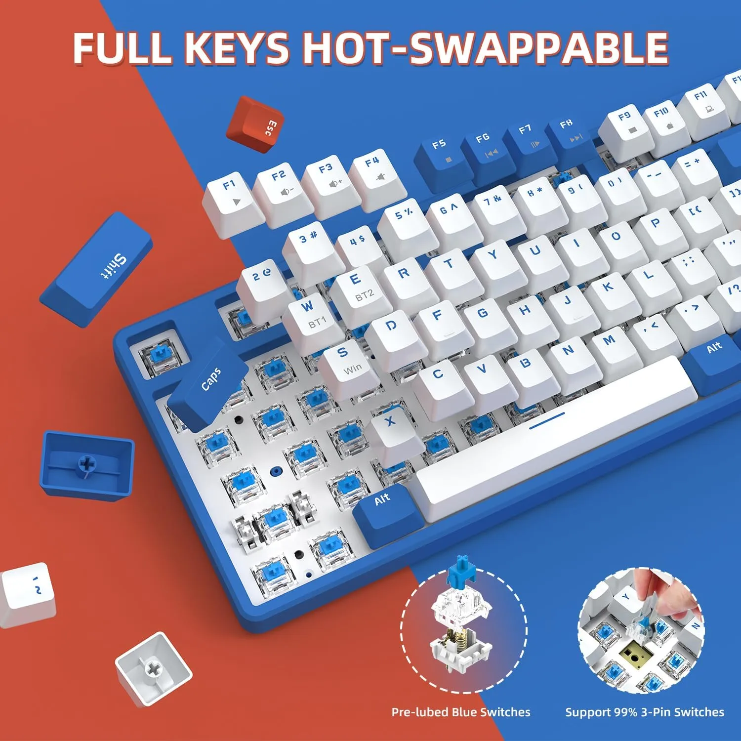 A.JAZZ Wireless Mechanical Keyboard, 87 Keys TKL Hot Swappable Bluetooth Gaming Keyboard, Dual Mode BT5.0/2.4G with Detachable Frame, USB Hub OEM Keycaps Custom Keyboard for Windows Mac (Blue Switch)