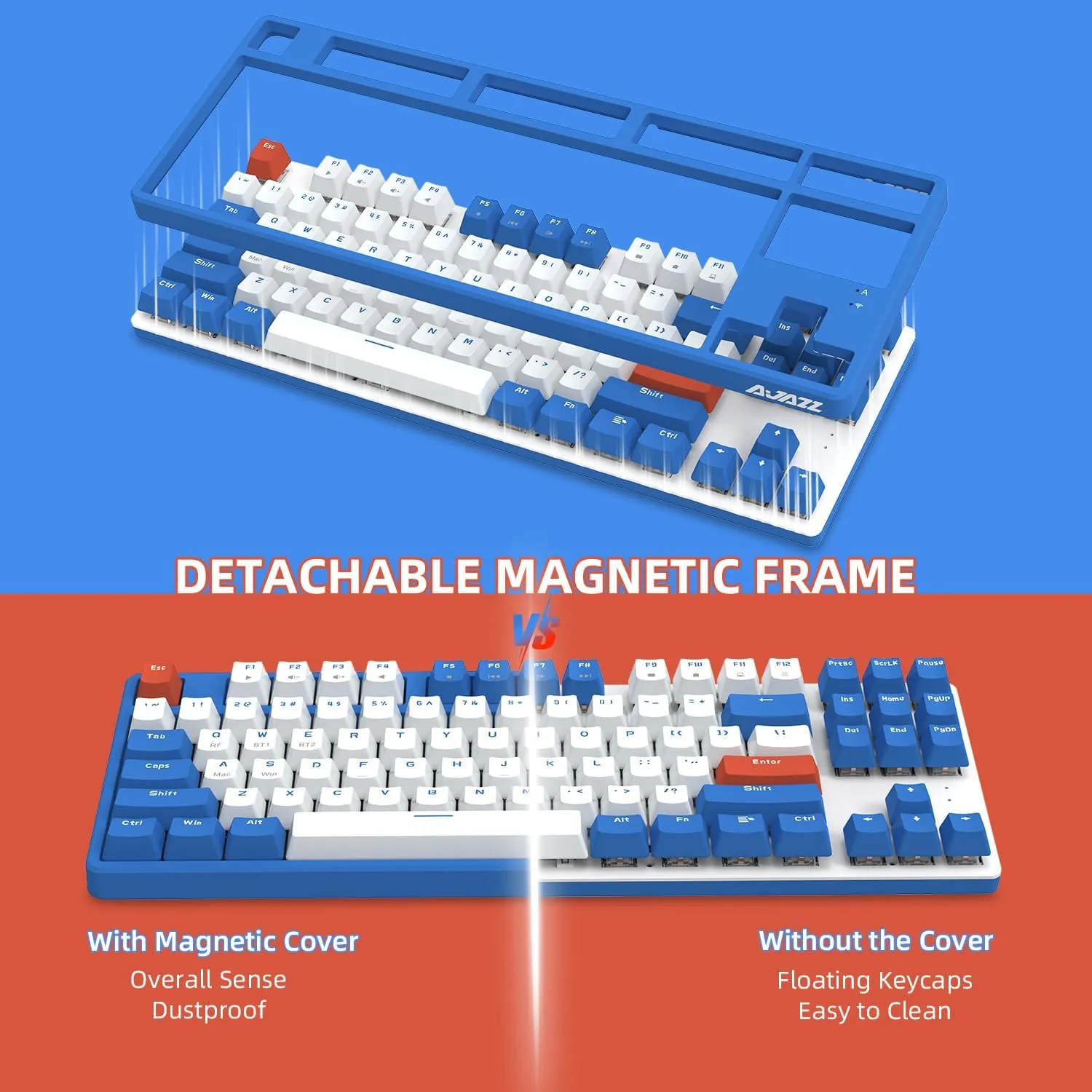 A.JAZZ Wireless Mechanical Keyboard, 87 Keys TKL Hot Swappable Bluetooth Gaming Keyboard, Dual Mode BT5.0/2.4G with Detachable Frame, USB Hub OEM Keycaps Custom Keyboard for Windows Mac (Blue Switch)