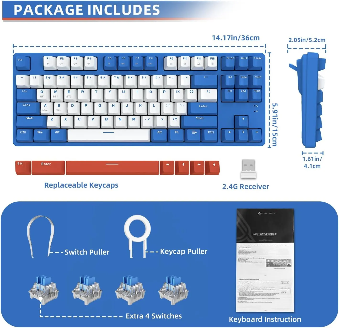 A.JAZZ Wireless Mechanical Keyboard, 87 Keys TKL Hot Swappable Bluetooth Gaming Keyboard, Dual Mode BT5.0/2.4G with Detachable Frame, USB Hub OEM Keycaps Custom Keyboard for Windows Mac (Blue Switch)