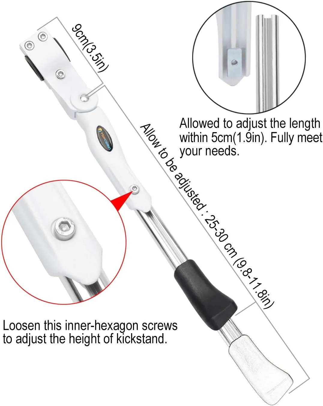 Bicycle Adjustable Aluminium Alloy Bike Bicycle Kickstand Side Kickstand Fit for 22" 24" 26"- White