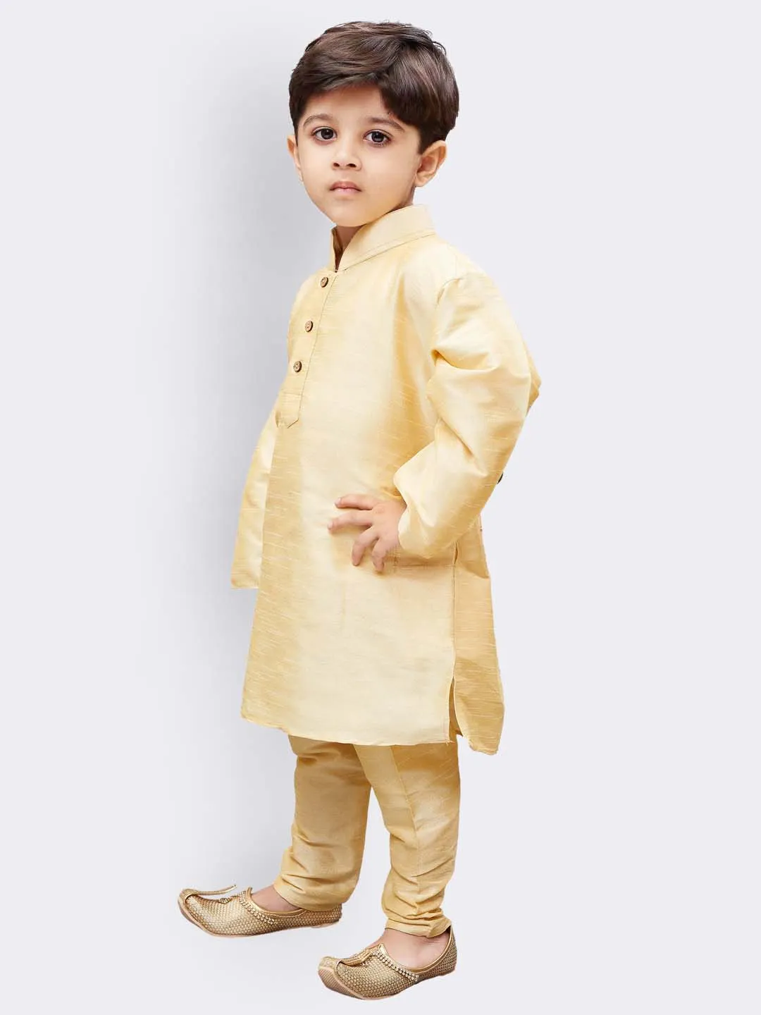 Boy's Gold Silk Blend Kurta, Pyjama & Dupatta Set - JBN Creation