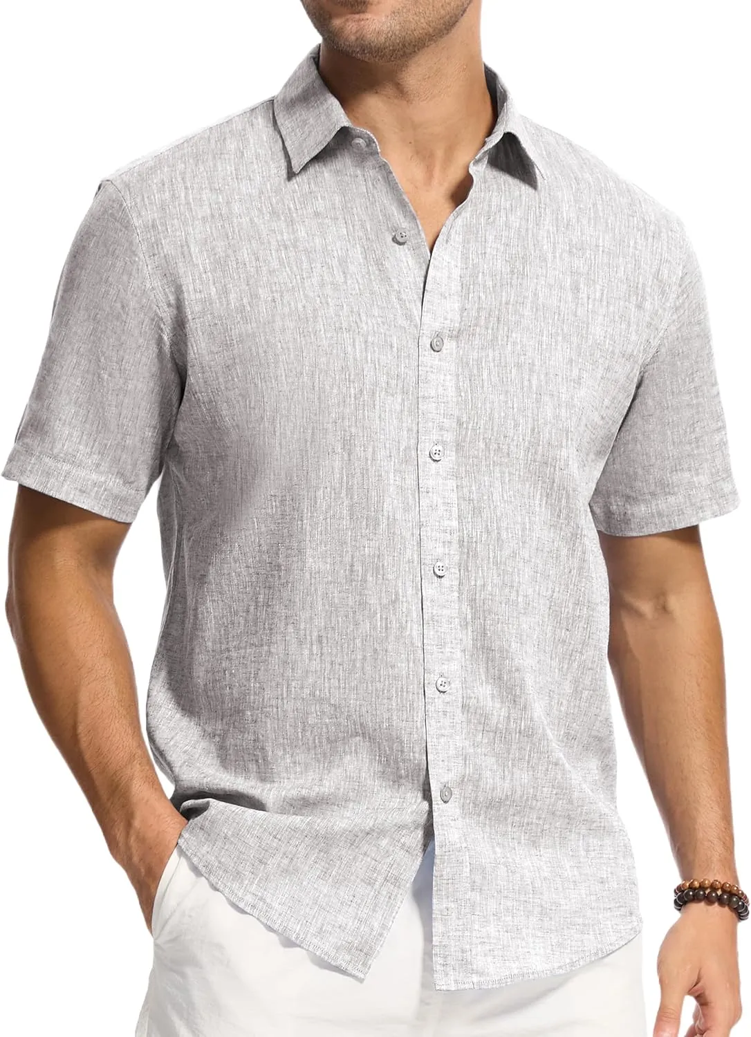 Button Down Linen Shirts for Men Short Sleeve Button Up Summer Shirt Casual Beach Regular Fit Lightweight Breathable
