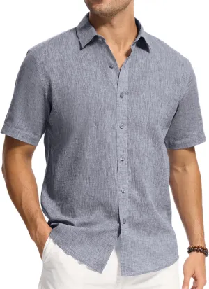 Button Down Linen Shirts for Men Short Sleeve Button Up Summer Shirt Casual Beach Regular Fit Lightweight Breathable