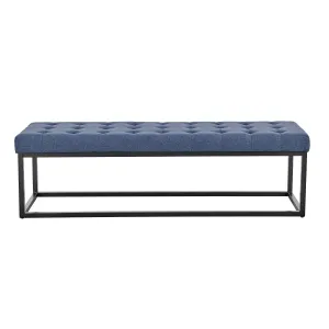 Button-Tufted Upholstered Bench, Metal Legs, Blue Linen, 149cm