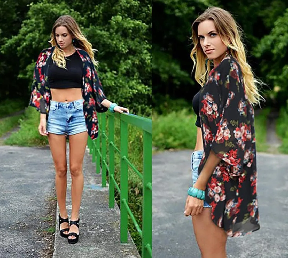 Camisunny Women Chiffon Printed Cardigan Kimono Robe Tops Beach Bikini Cover up Blouse