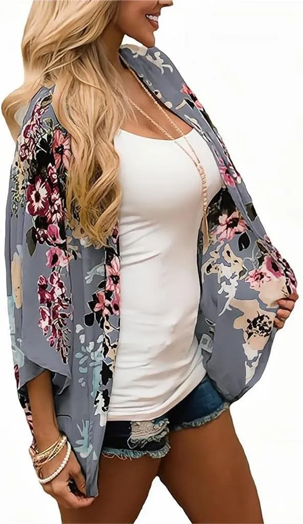 Camisunny Women Chiffon Printed Cardigan Kimono Robe Tops Beach Bikini Cover up Blouse