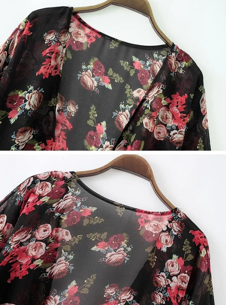 Camisunny Women Chiffon Printed Cardigan Kimono Robe Tops Beach Bikini Cover up Blouse