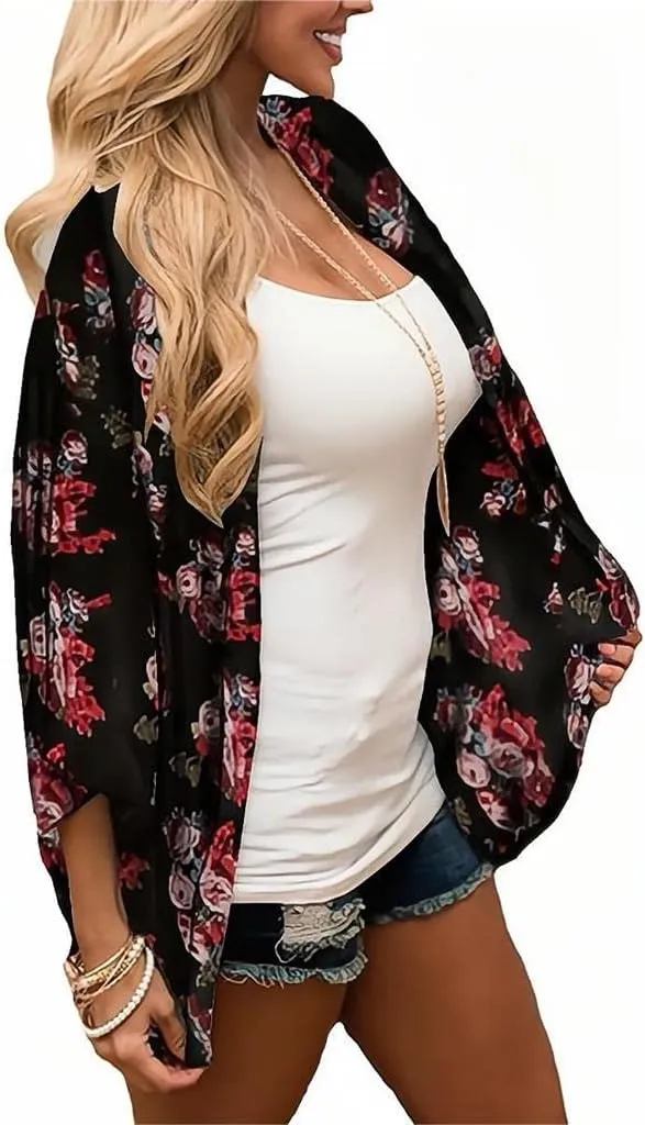 Camisunny Women Chiffon Printed Cardigan Kimono Robe Tops Beach Bikini Cover up Blouse