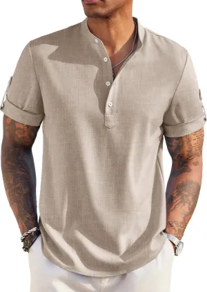 COOFANDY Men's Casual Henley Shirt Short Sleeve Band Collar Linen Shirt Summer Beach Hippie T-Shirts