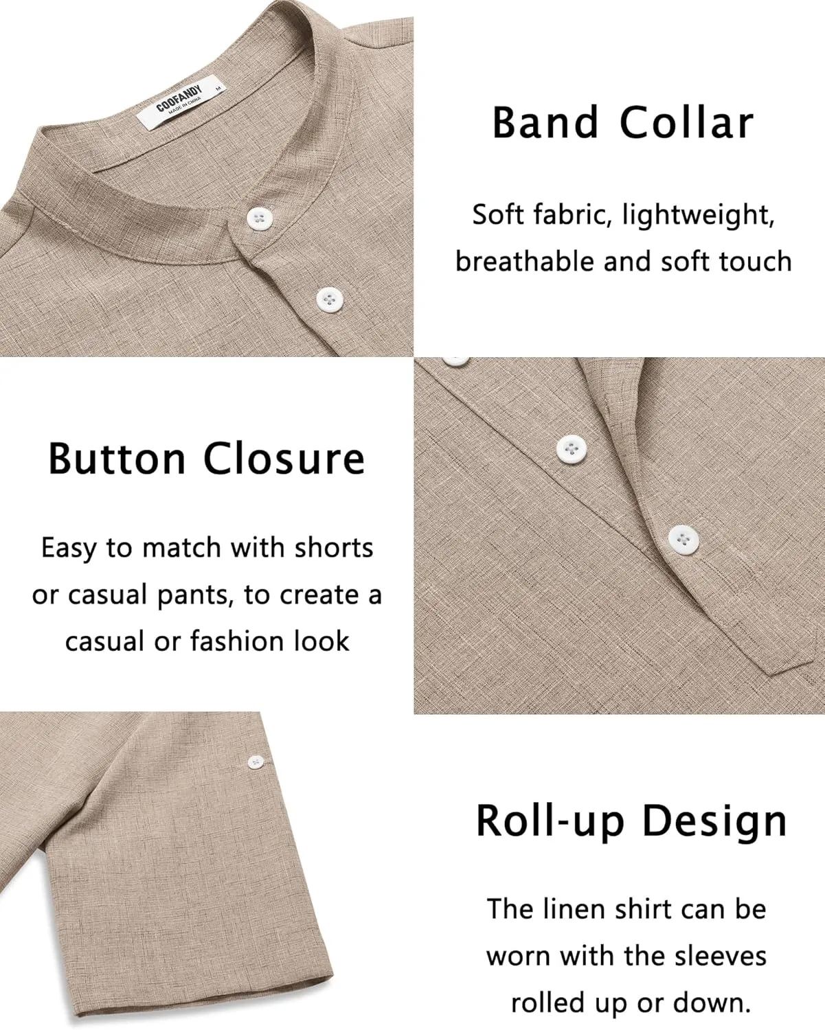 COOFANDY Men's Casual Henley Shirt Short Sleeve Band Collar Linen Shirt Summer Beach Hippie T-Shirts