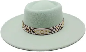 DHAEY 9.5cm Big Brim Autumn and Winter Top Hat, New Vintage National Style Woolen Felt Hat, Concave-Convex Oval Top Hat Luopan Caps & Hats (Color : Mint Green, Size : 56-58cm)