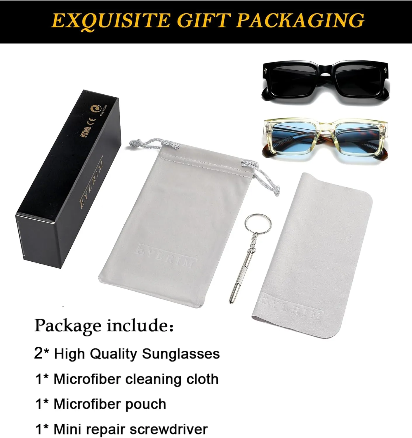EYLRIM Square Frame Sunglasses for Women Men Trendy Chunky Rectangle Sun Glasses Black Shades UV400 Protection