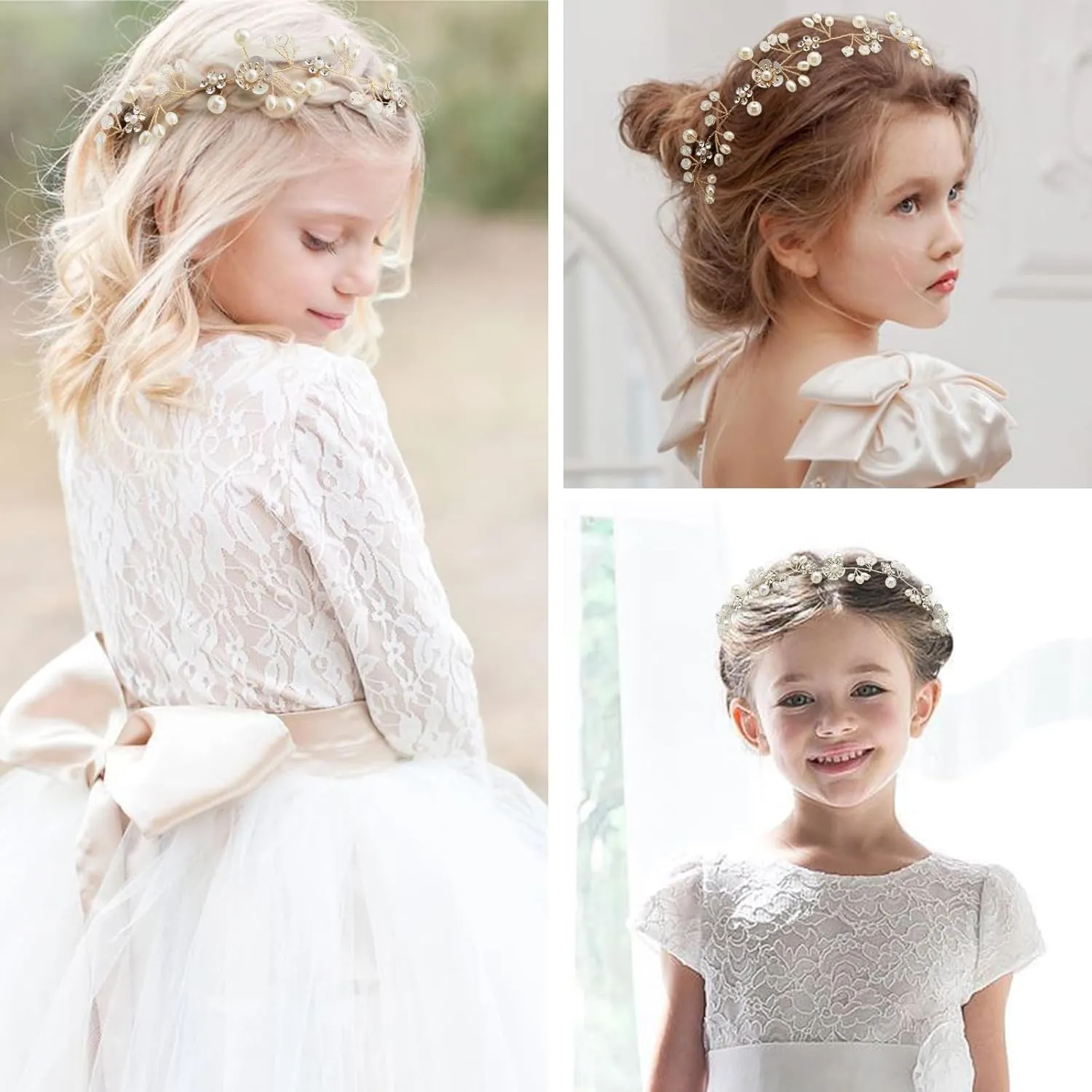 Flower Girl Headband, Princess Crystal Headpiece,Flower Girl Hair Accessories, Rhinestone Pearl Headband, Suitable for Girls and Bride Wedding Silver