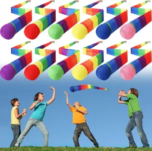 Leyndo 12 Pcs Throw and Catch Balls with Rainbow Tail, Soft Sports Play Comet Balls Playground Toys Bulk for Kids Adults Games and Activities Fun Throwing School, 25.59 Inch Long(Vivid Color)