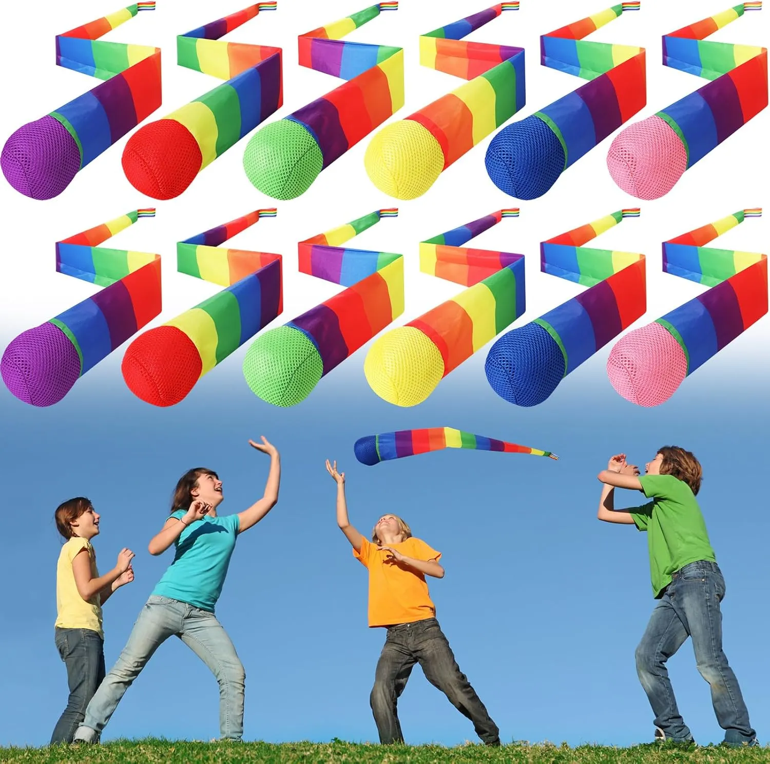 Leyndo 12 Pcs Throw and Catch Balls with Rainbow Tail, Soft Sports Play Comet Balls Playground Toys Bulk for Kids Adults Games and Activities Fun Throwing School, 25.59 Inch Long(Vivid Color)