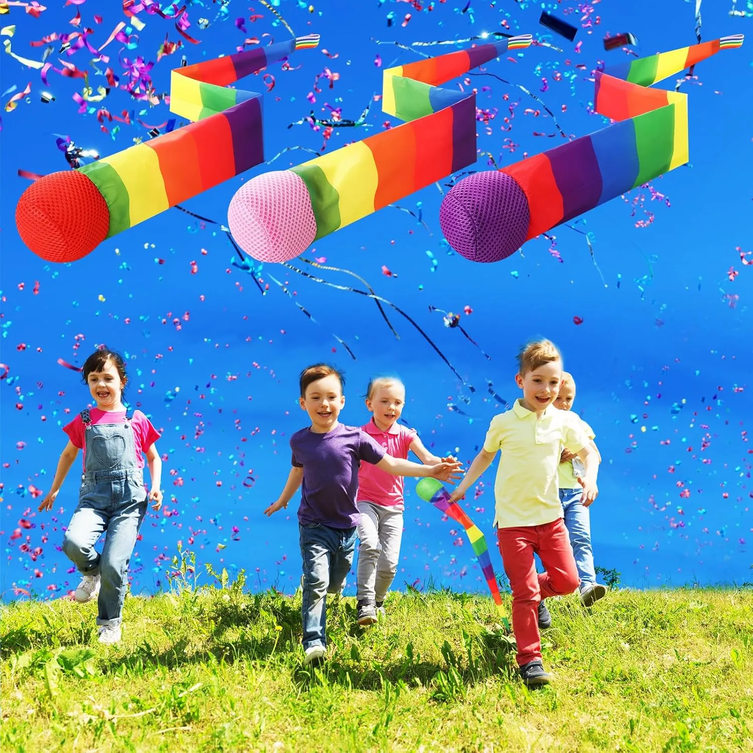 Leyndo 12 Pcs Throw and Catch Balls with Rainbow Tail, Soft Sports Play Comet Balls Playground Toys Bulk for Kids Adults Games and Activities Fun Throwing School, 25.59 Inch Long(Vivid Color)