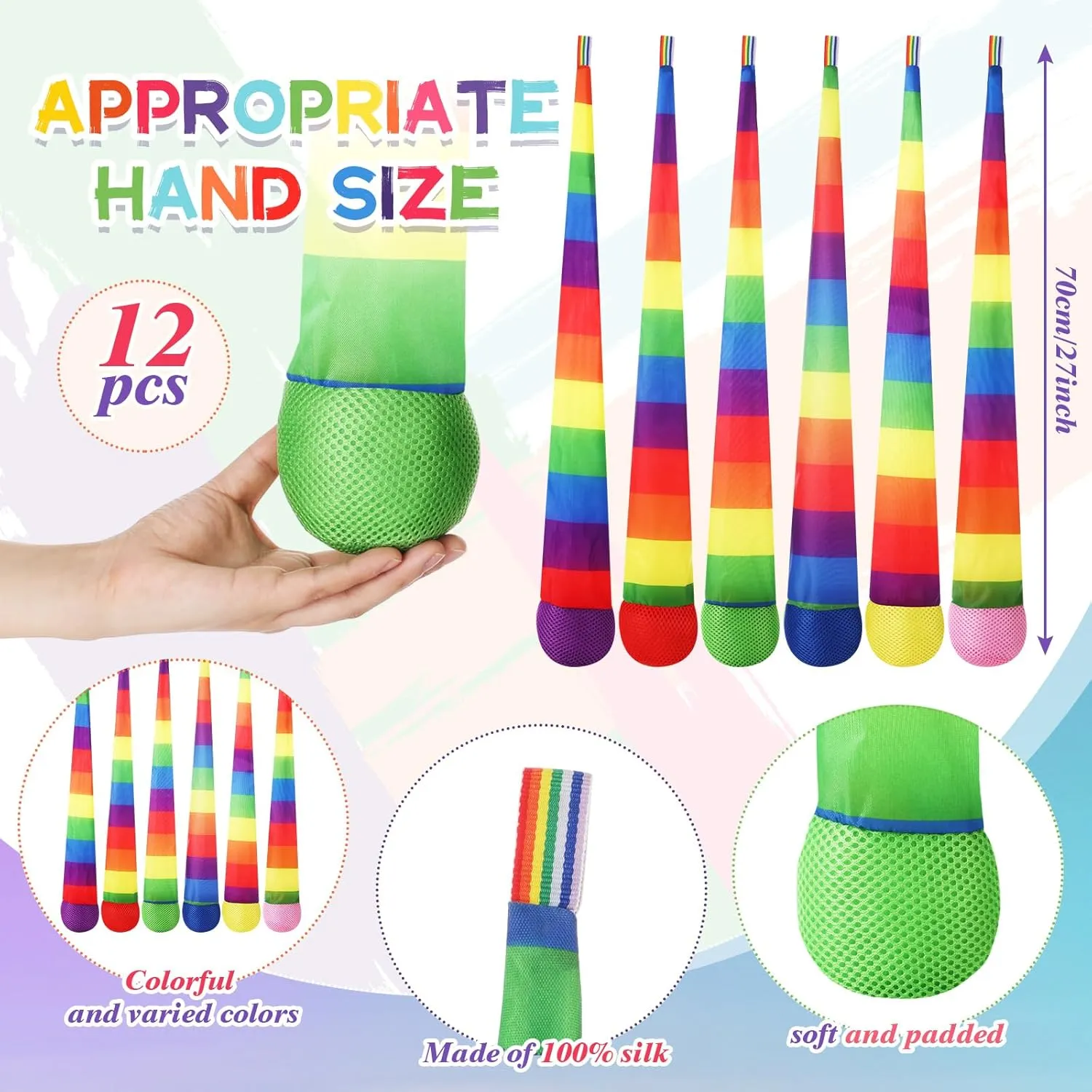 Leyndo 12 Pcs Throw and Catch Balls with Rainbow Tail, Soft Sports Play Comet Balls Playground Toys Bulk for Kids Adults Games and Activities Fun Throwing School, 25.59 Inch Long(Vivid Color)