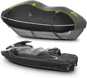 LIBZAKI Jet Ski Cover PWC Cover 2-3 Seats Heavy Duty Waterproof 600D UV Resistant Fits for Yamaha Sea-Doo Kawasaki up to 136~145" Gray/Black