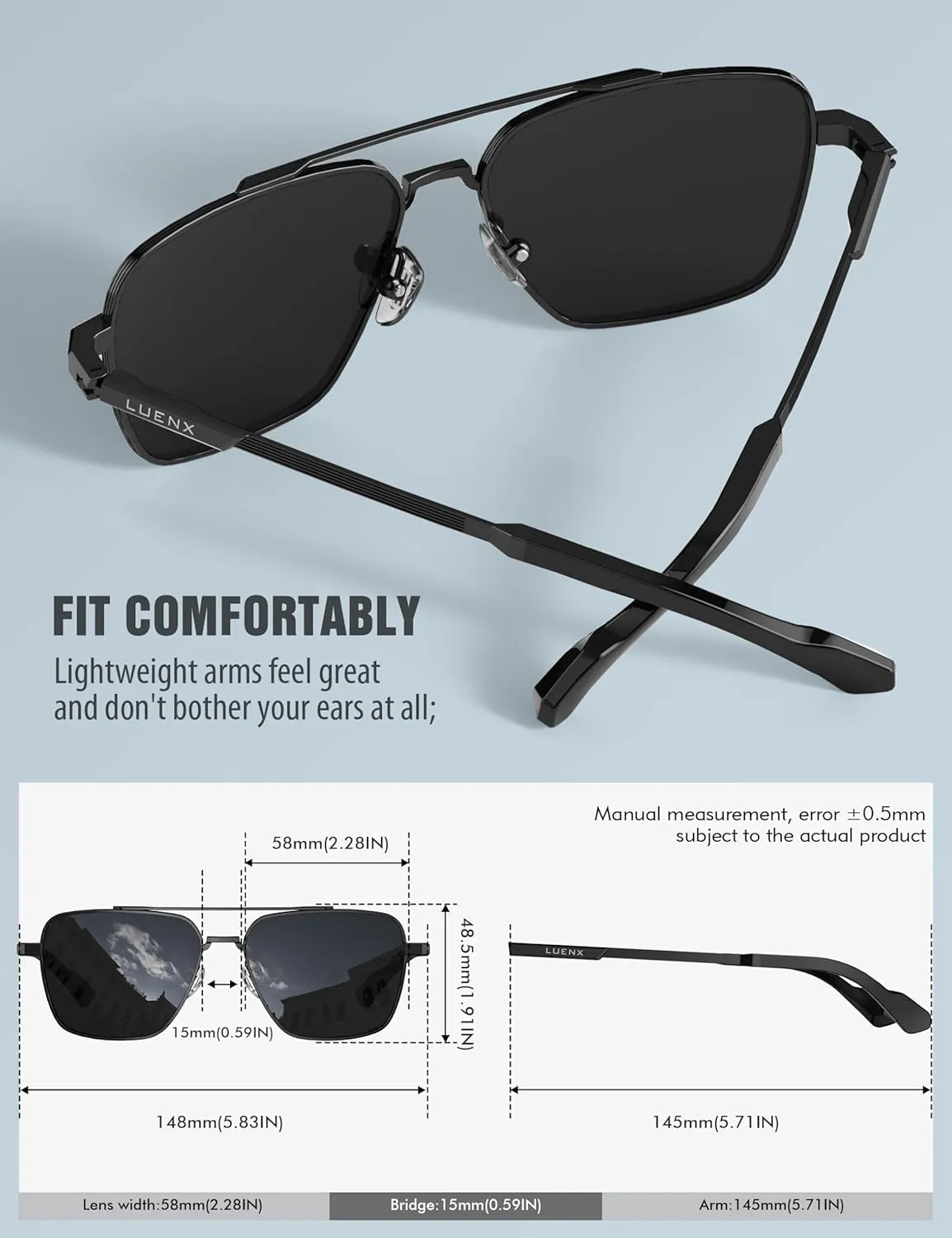 LUENX Aviator Sunglasses for Men Women Square Polarized Polygon Lens - UV 400 Protection