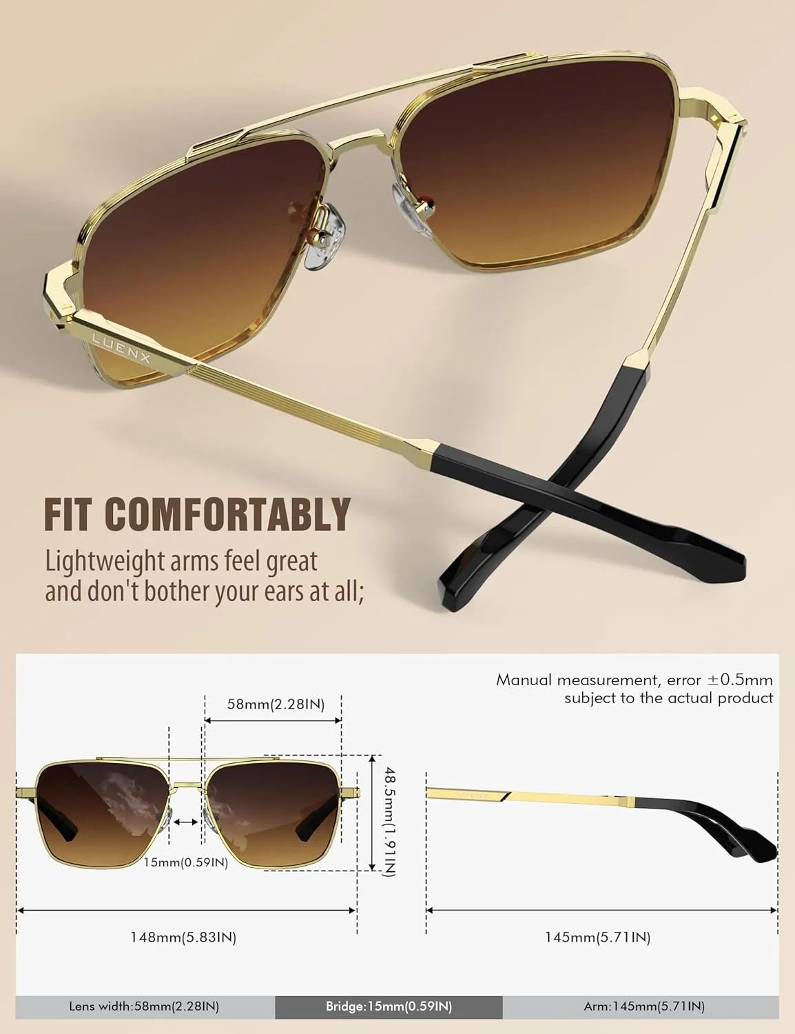 LUENX Aviator Sunglasses for Men Women Square Polarized Polygon Lens - UV 400 Protection