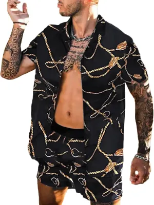Men's Hawaiian Sets Short Sleeve Luxury Print Casual Button Down Dress Shirt Top and Shorts