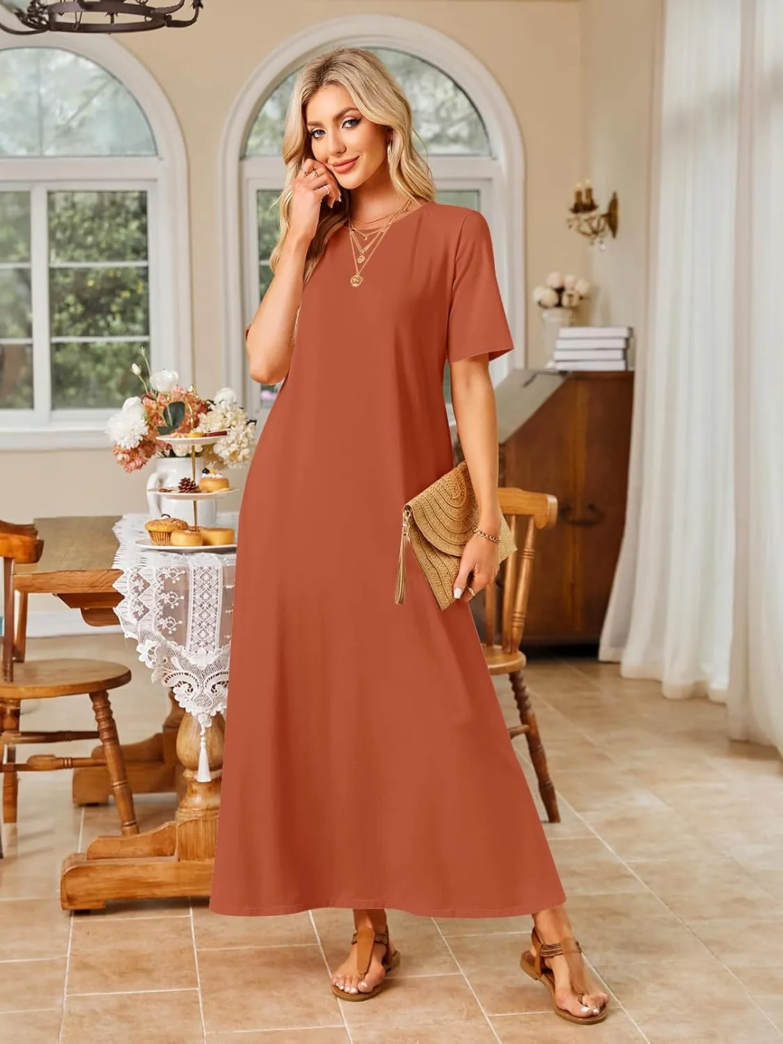 MEROKEETY Women's 2025 Summer Casual Maxi Dress Beach Vacation Short Sleeve Crewneck Basic Long T Shirt Dresses