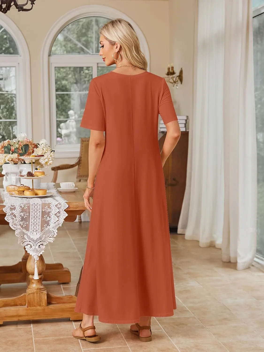 MEROKEETY Women's 2025 Summer Casual Maxi Dress Beach Vacation Short Sleeve Crewneck Basic Long T Shirt Dresses