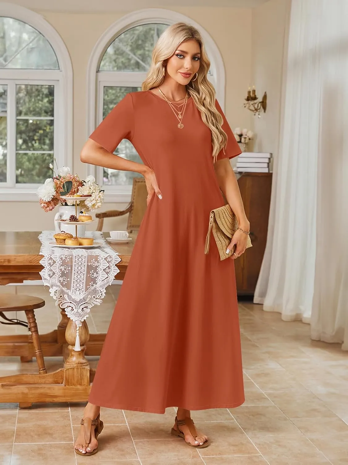 MEROKEETY Women's 2025 Summer Casual Maxi Dress Beach Vacation Short Sleeve Crewneck Basic Long T Shirt Dresses