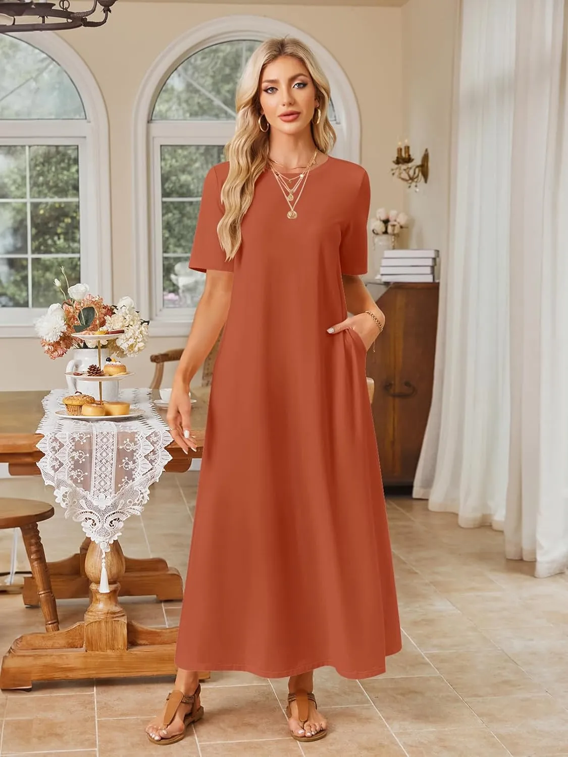 MEROKEETY Women's 2025 Summer Casual Maxi Dress Beach Vacation Short Sleeve Crewneck Basic Long T Shirt Dresses