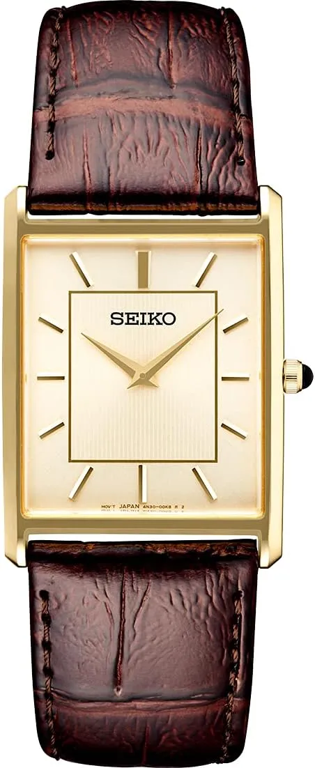 SEIKO Essentials Watch for Men - Essentials - Water Resistant with Stainless Steel Rectangular Case and Leather Strap
