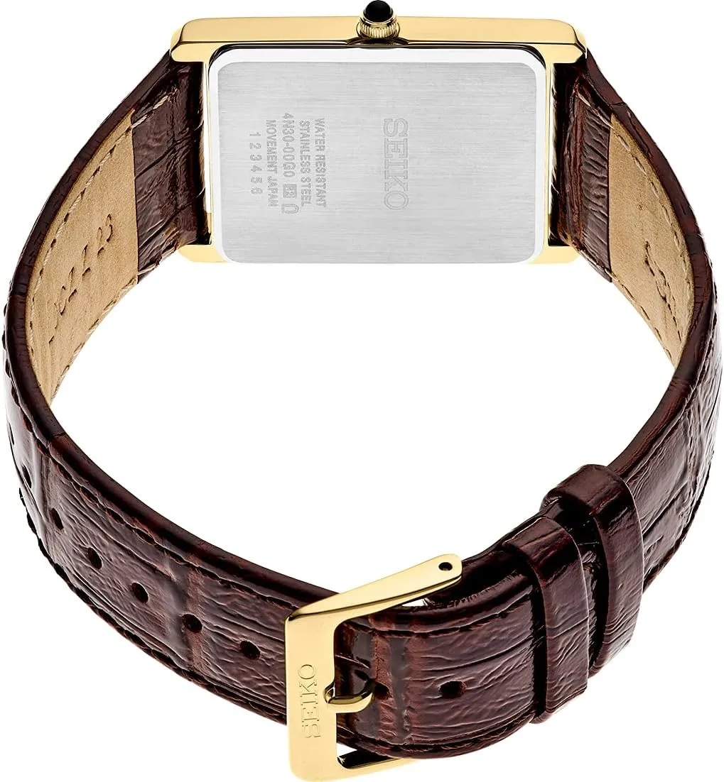 SEIKO Essentials Watch for Men - Essentials - Water Resistant with Stainless Steel Rectangular Case and Leather Strap