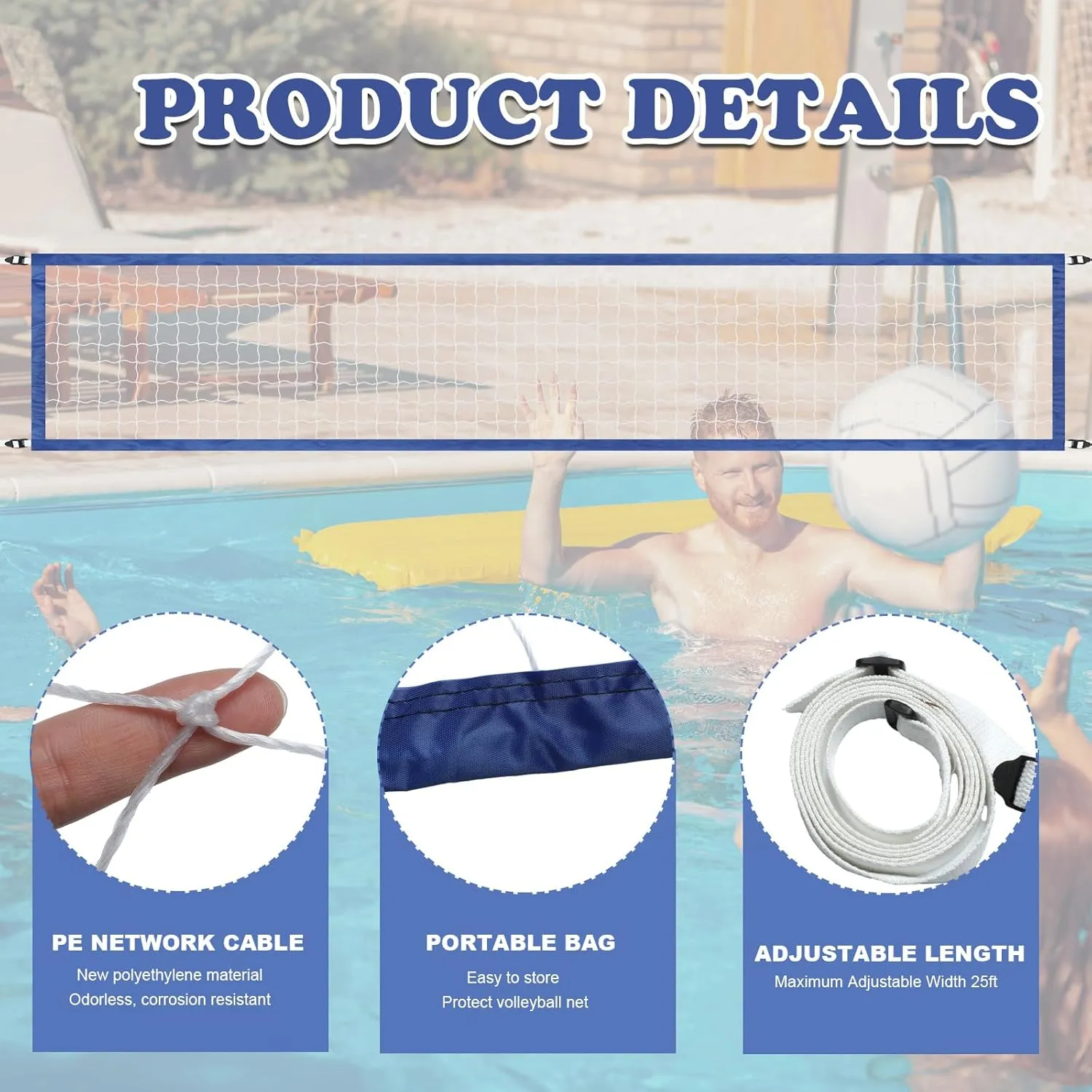 ShinyRelief Pool Volleyball Net Replacement Adjustable Length 15-25 ft Portable Volleyball Net for Outdoor Backyard Swimming Pool Beach
