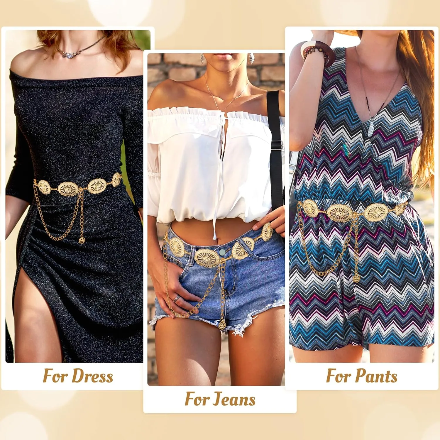 Western Concho Chain Belt, Adjustable Metal Waist Chain, Cowgirl Boho Belts for Women Country Concert Outfit for Dress