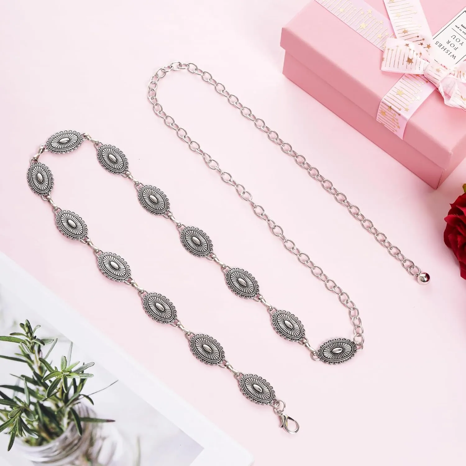 Western Oval Concho Chain Belt for Women Metal Waist Chain Belt for Dresses Jeans Western Cowgirl