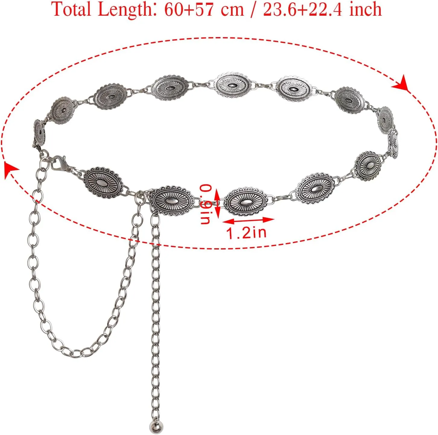 Western Oval Concho Chain Belt for Women Metal Waist Chain Belt for Dresses Jeans Western Cowgirl