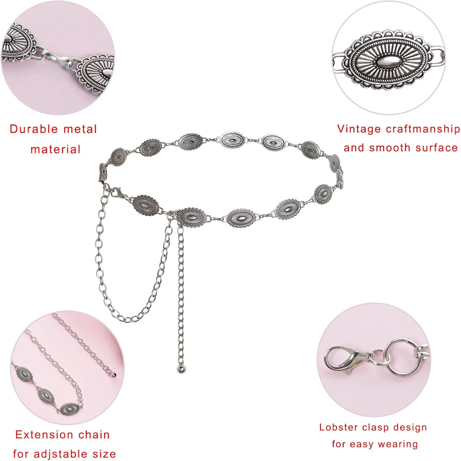 Western Oval Concho Chain Belt for Women Metal Waist Chain Belt for Dresses Jeans Western Cowgirl