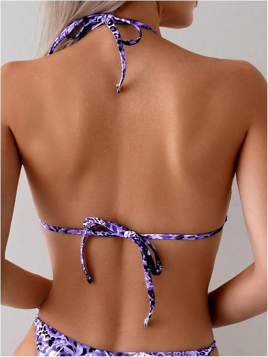 Women's 2 Piece Leopard Floral Bikini Sets Ring Triangle Halter Bathing Suit Tie Back Swimsuit