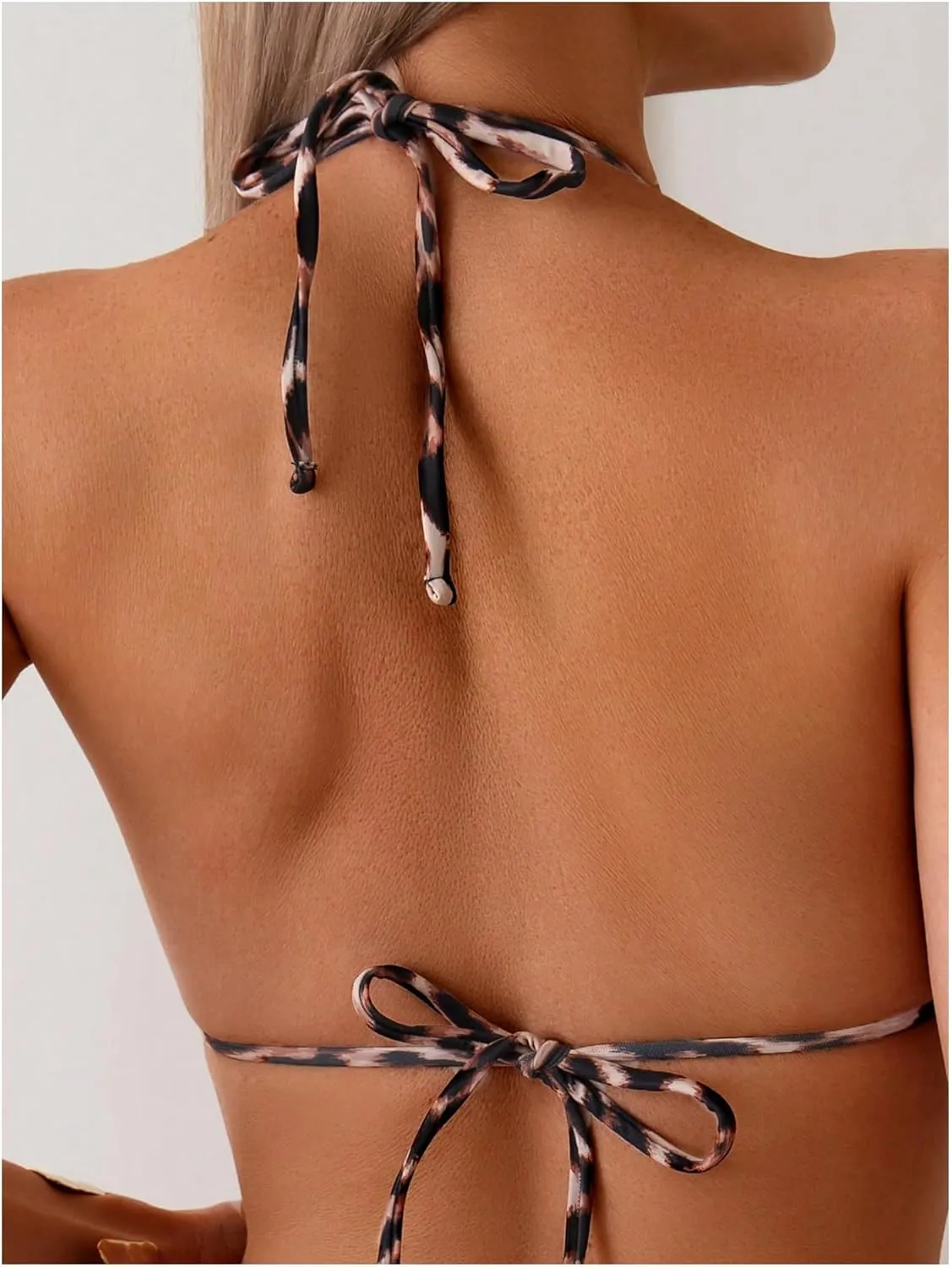 Women's 2 Piece Leopard Floral Bikini Sets Ring Triangle Halter Bathing Suit Tie Back Swimsuit