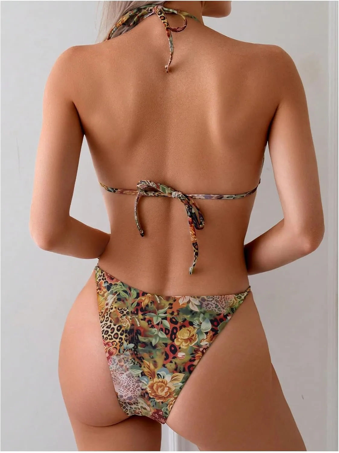 Women's 2 Piece Leopard Floral Bikini Sets Ring Triangle Halter Bathing Suit Tie Back Swimsuit