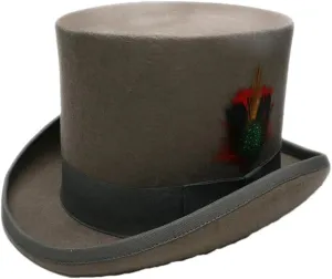 Women's Men High Round Flat Top Feathers Wool Felt Magician Hat Bowler Hat Christmas Costume Cap Gray S